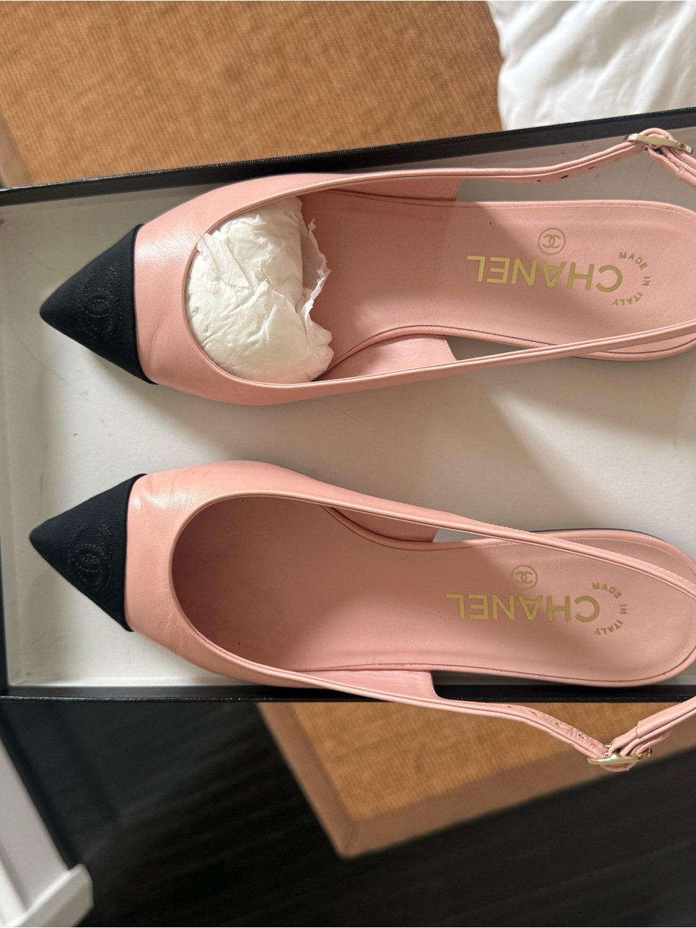 CHANEL Pink and Black Pointed Slingback Flats